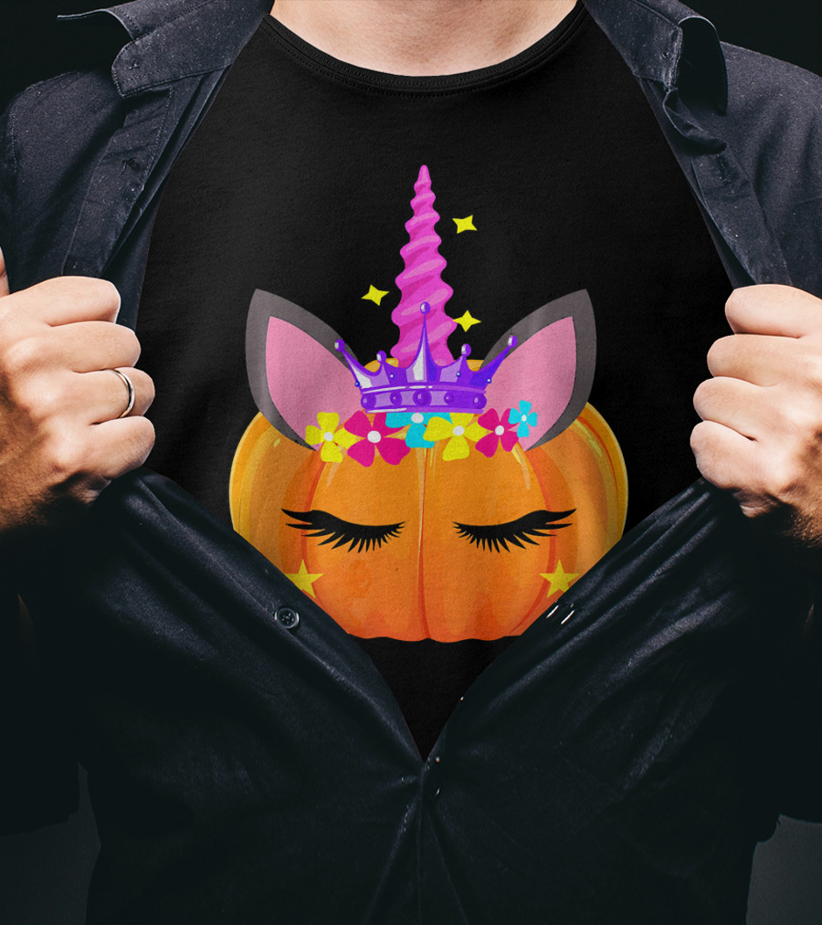 Halloween Pumpkin Unicorn With Floral Crown And Stars T-Shirt
