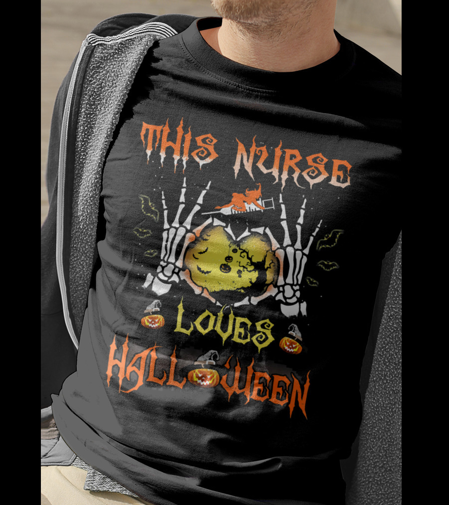 This Nurse Loves Halloween Pumpkin Skeleton Hands T-Shirt