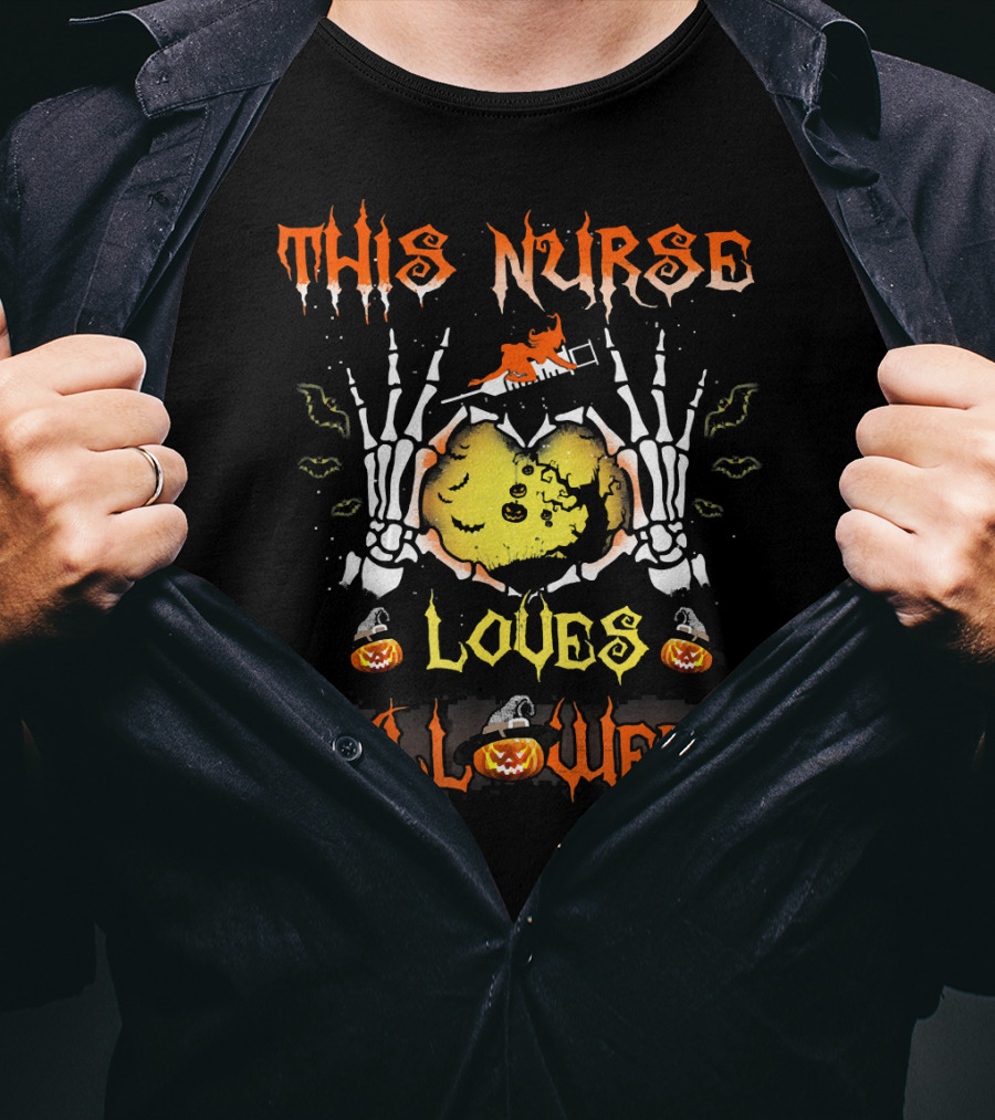 This Nurse Loves Halloween Pumpkin Skeleton Hands T-Shirt