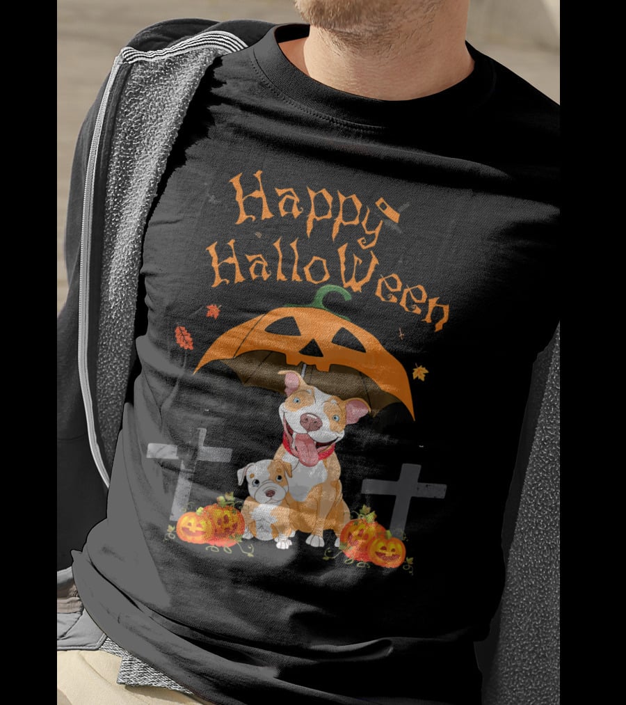 Happy Halloween Pumpkin Pitbulls With Jack O'Lantern And Crosses T-Shirt