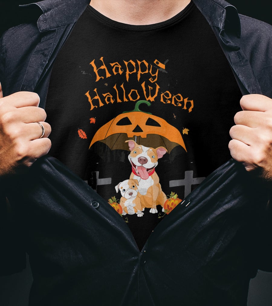 Happy Halloween Pumpkin Pitbulls With Jack O'Lantern And Crosses T-Shirt