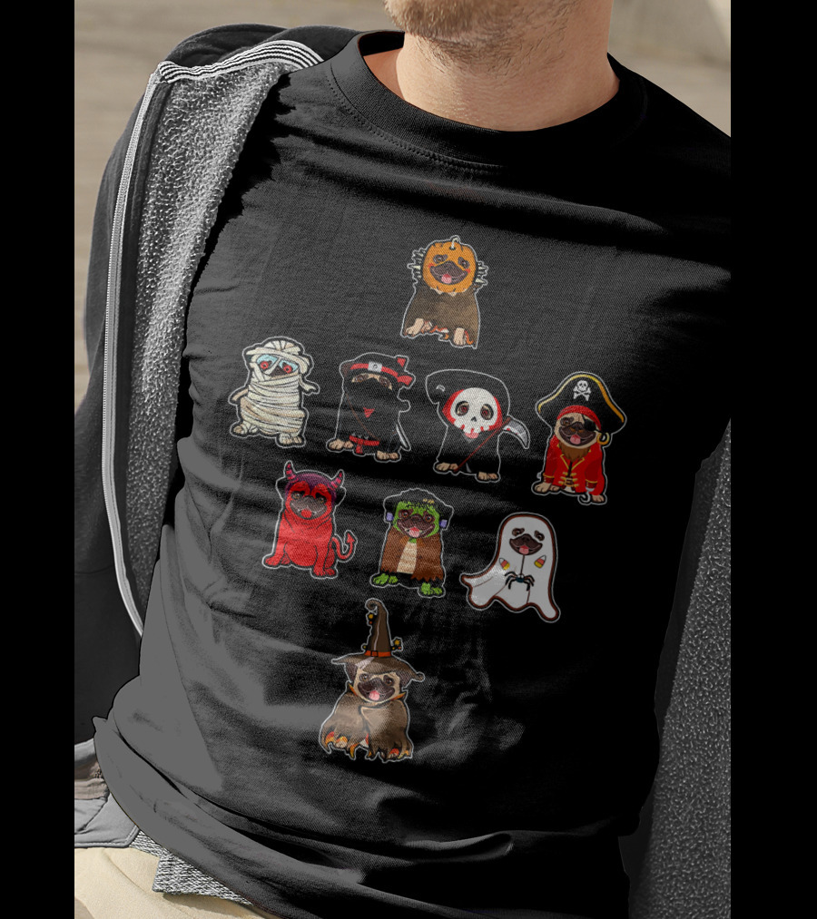 Pug Halloween Costume Lion Mummy Ninja Grim Reaper Pirate Devil Frankenstein Ghost Witch T-Shirt