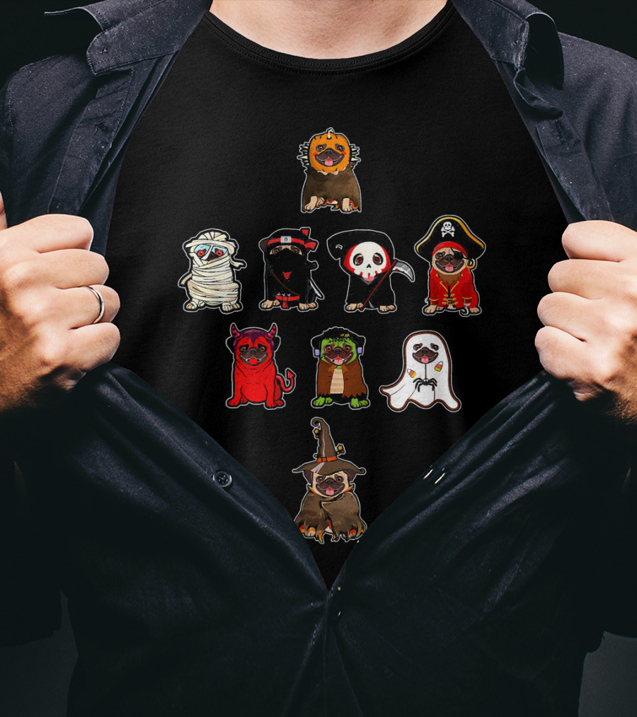 Pug Halloween Costume Lion Mummy Ninja Grim Reaper Pirate Devil Frankenstein Ghost Witch T-Shirt