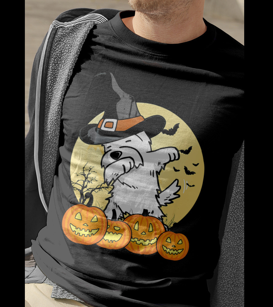 Funny Dabbing Westie Witch With Pumpkins And Bats Halloween Dog Dance T-Shirt