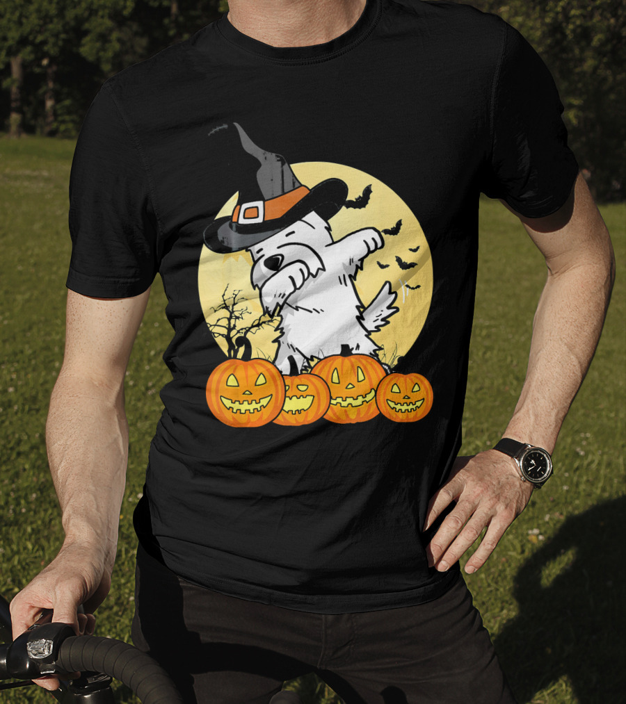 Funny Dabbing Westie Witch With Pumpkins And Bats Halloween Dog Dance T-Shirt