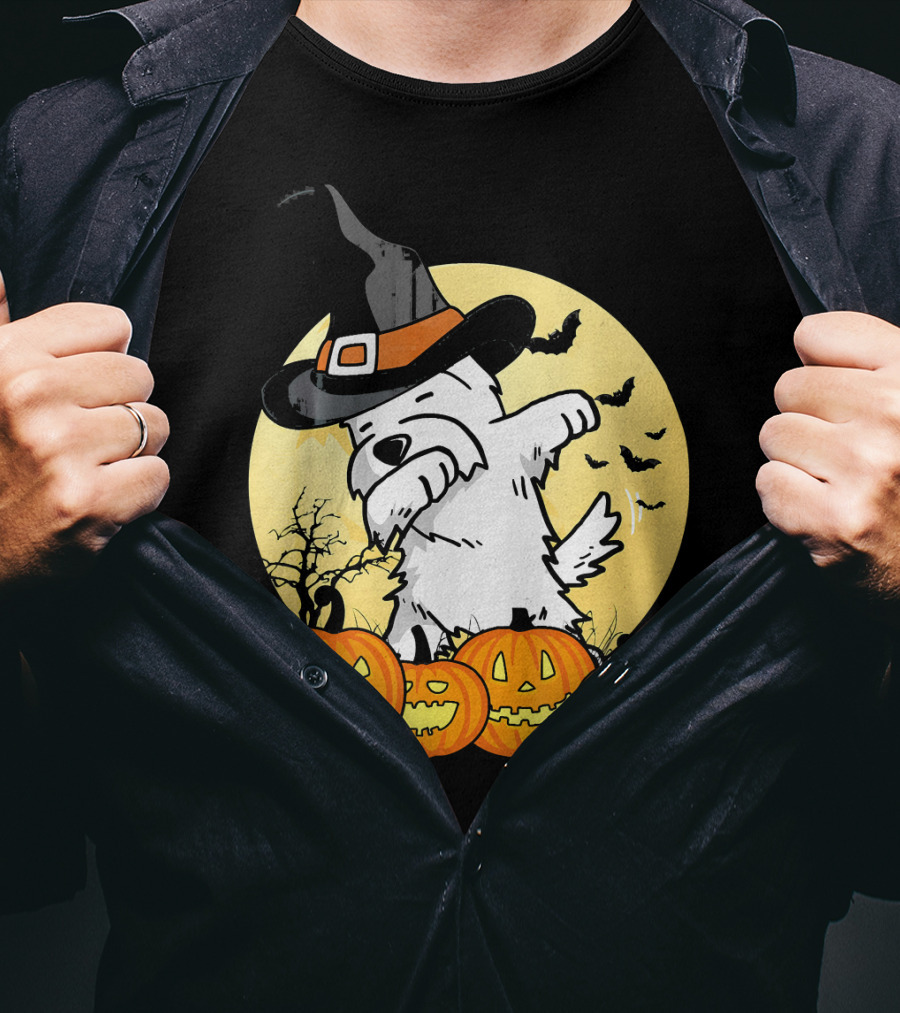 Funny Dabbing Westie Witch With Pumpkins And Bats Halloween Dog Dance T-Shirt