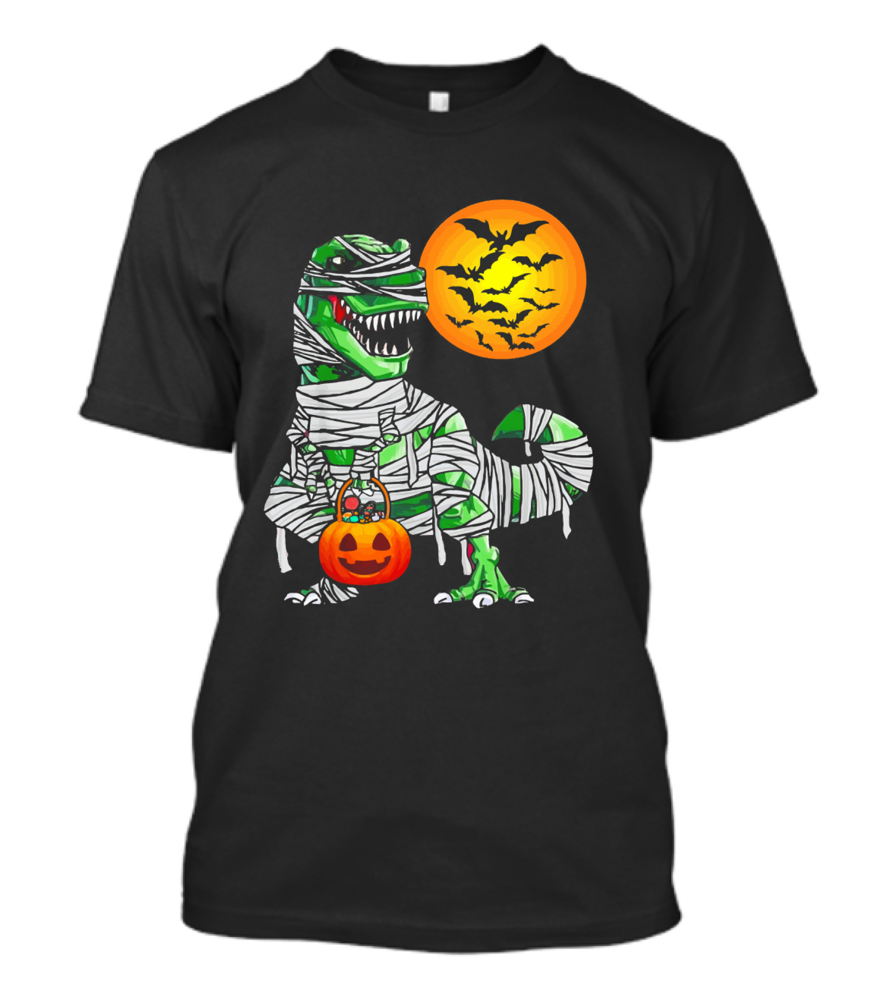 Tyrannosaurus Rex Dinosaur Mummy With Pumpkin And Bats Halloween Boy T-Shirt
