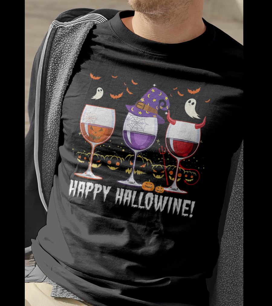 Happy Hallowine Ghosts Pumpkins Witch Hat Devil Horns Wine Glasses T-Shirt