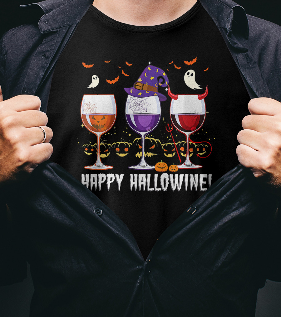Happy Hallowine Ghosts Pumpkins Witch Hat Devil Horns Wine Glasses T-Shirt
