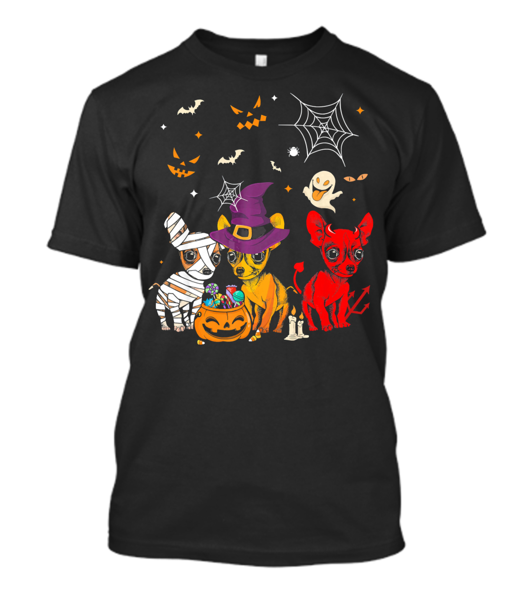Three Chihuahuas Halloween Mummy Witch Devil T-Shirt