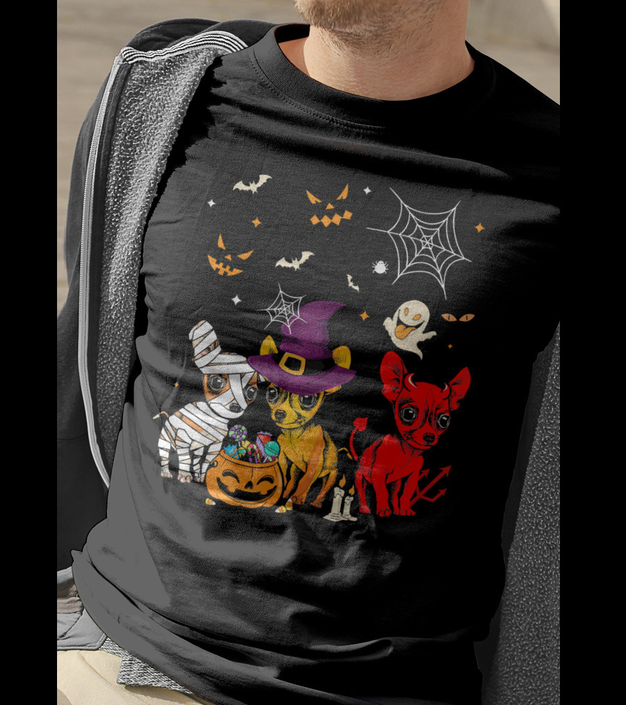 Three Chihuahuas Halloween Mummy Witch Devil T-Shirt