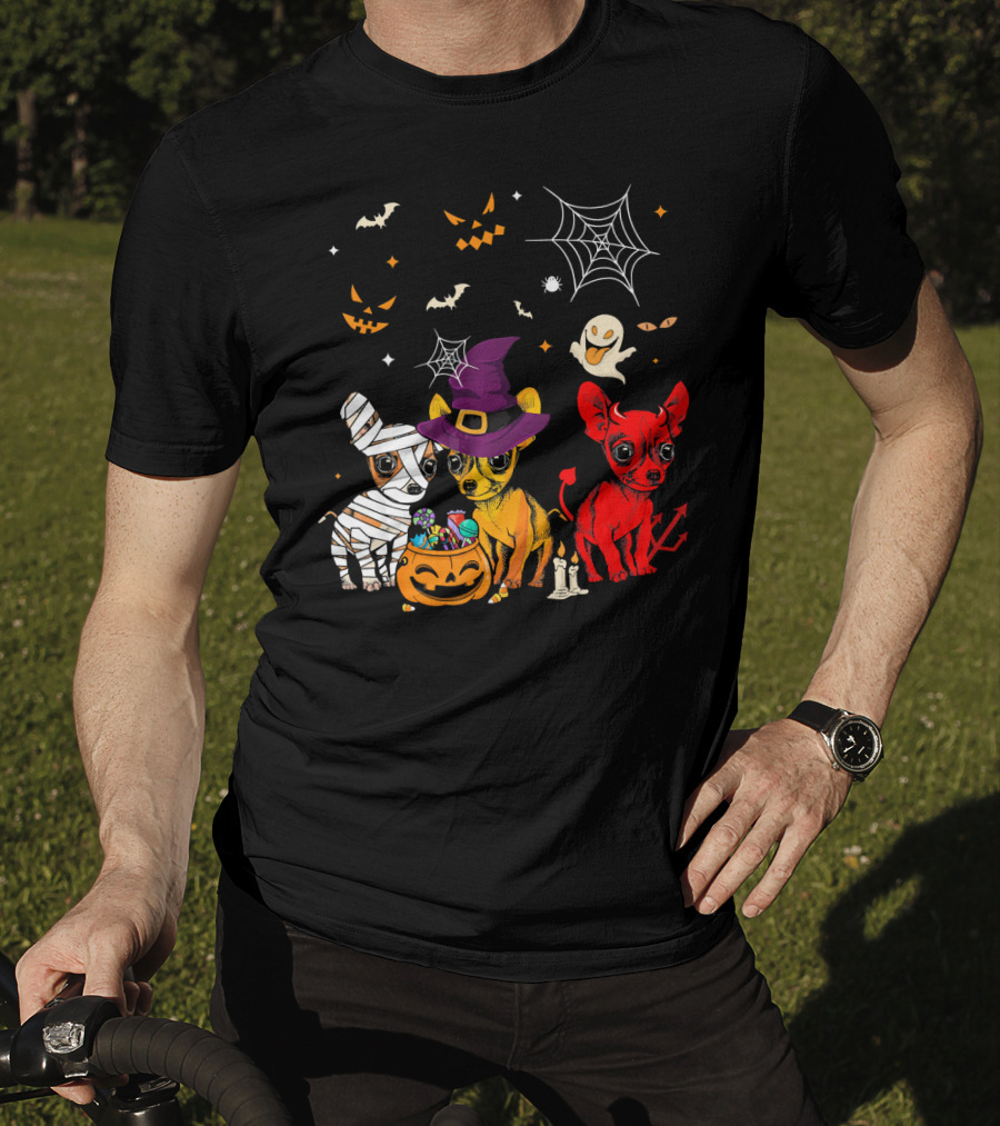 Three Chihuahuas Halloween Mummy Witch Devil T-Shirt