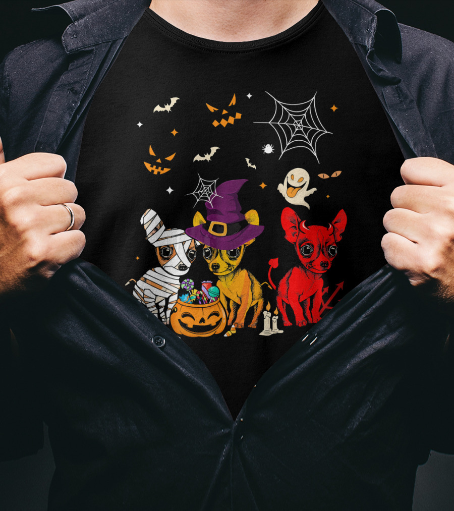 Three Chihuahuas Halloween Mummy Witch Devil T-Shirt