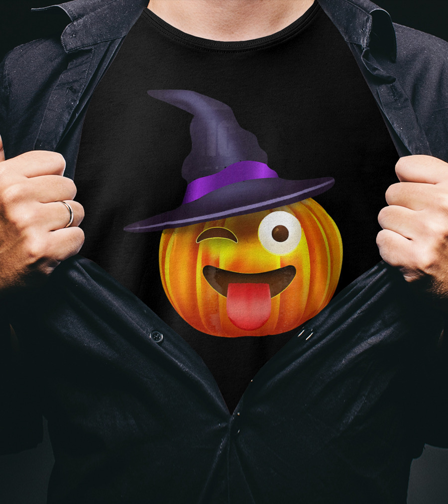 Halloween Costume Emoji Pumpkin Witch Hat Face T-Shirt