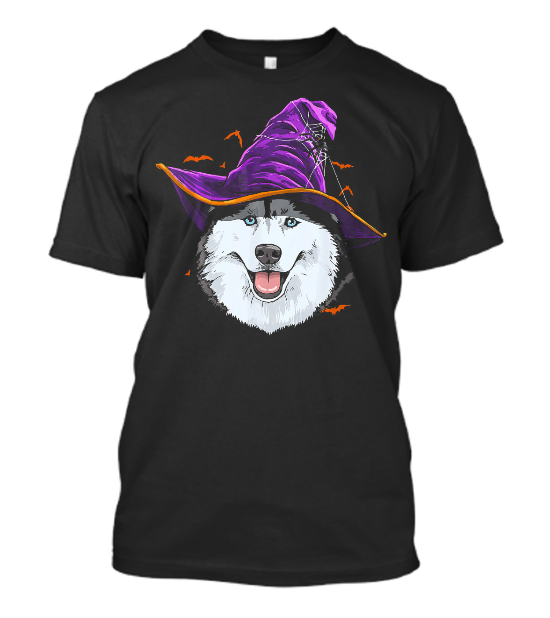 Siberian Husky Purple Witch Hat With Bats And Cobwebs T-Shirt
