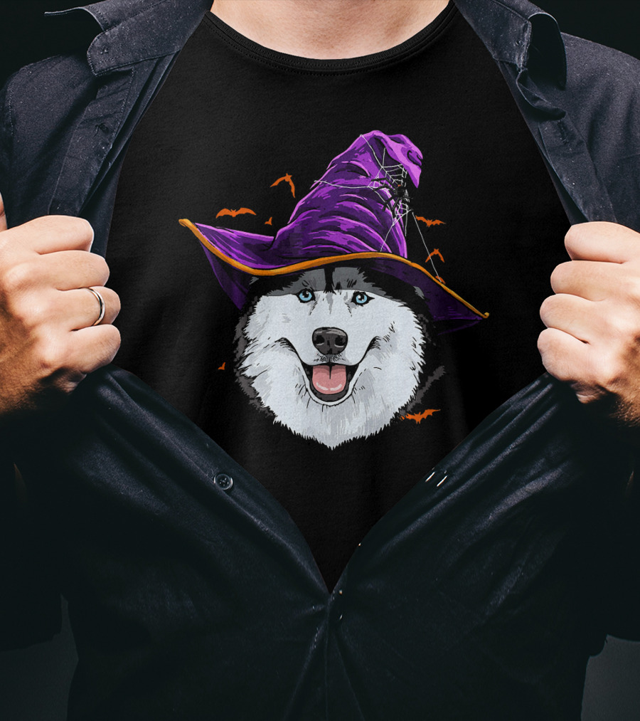 Siberian Husky Purple Witch Hat With Bats And Cobwebs T-Shirt