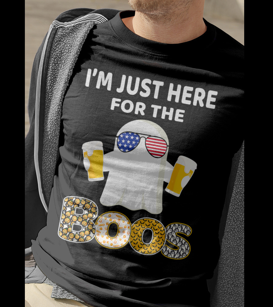 I'm Just Here For The Boos Ghost With American Flag Sunglasses And Beer T-Shirt