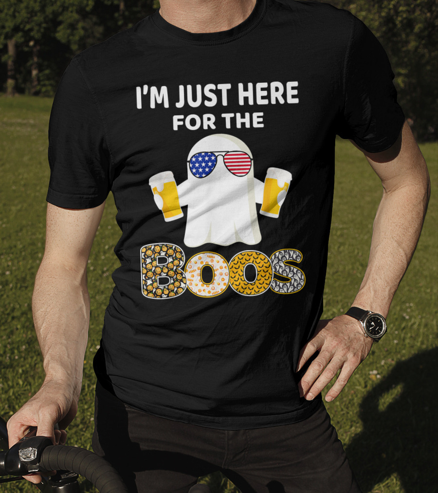 I'm Just Here For The Boos Ghost With American Flag Sunglasses And Beer T-Shirt