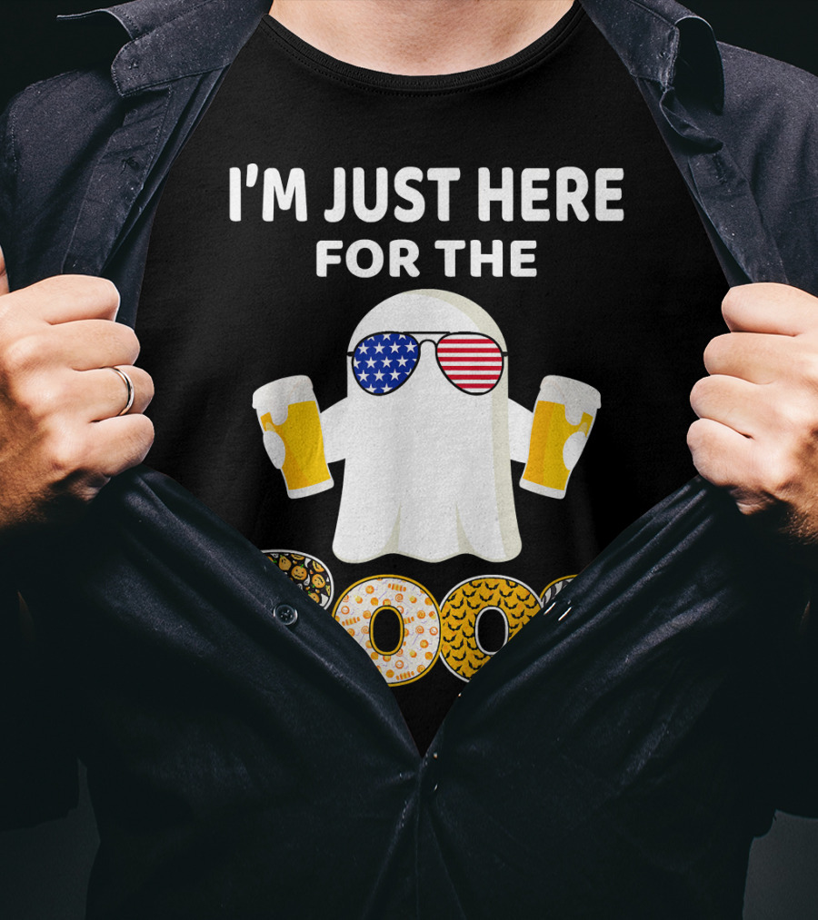 I'm Just Here For The Boos Ghost With American Flag Sunglasses And Beer T-Shirt