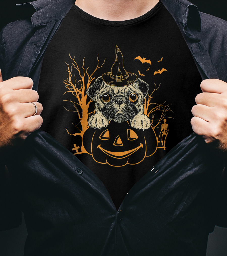 Halloween Pug Witch On Pumpkin With Skeleton And Bats T-Shirt