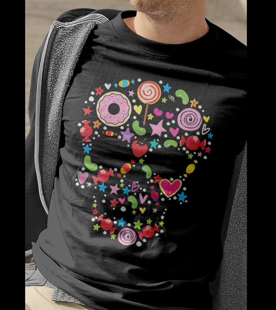 Candy Skull Día De Los Muertos Colorful Sweets And Stars T-Shirt