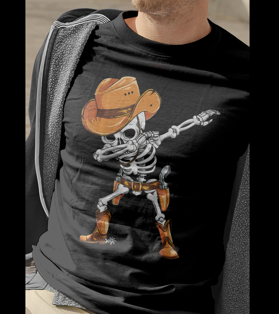 Dabbing Skeleton Cowboy In Orange Hat And Boots T-Shirt