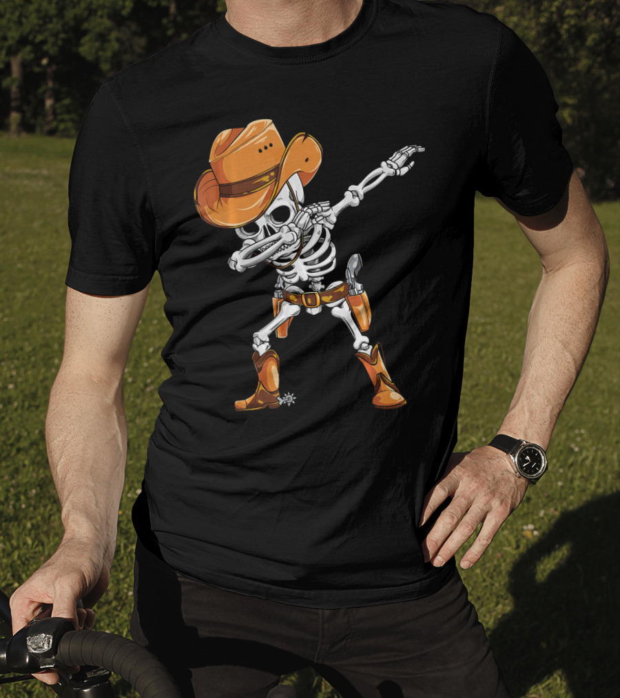 Dabbing Skeleton Cowboy In Orange Hat And Boots T-Shirt