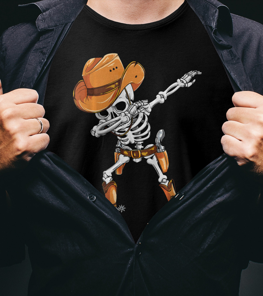 Dabbing Skeleton Cowboy In Orange Hat And Boots T-Shirt