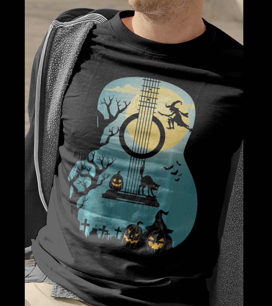Halloween Guitar Witch Cat Pumpkins And Bat Scene T-Shirt