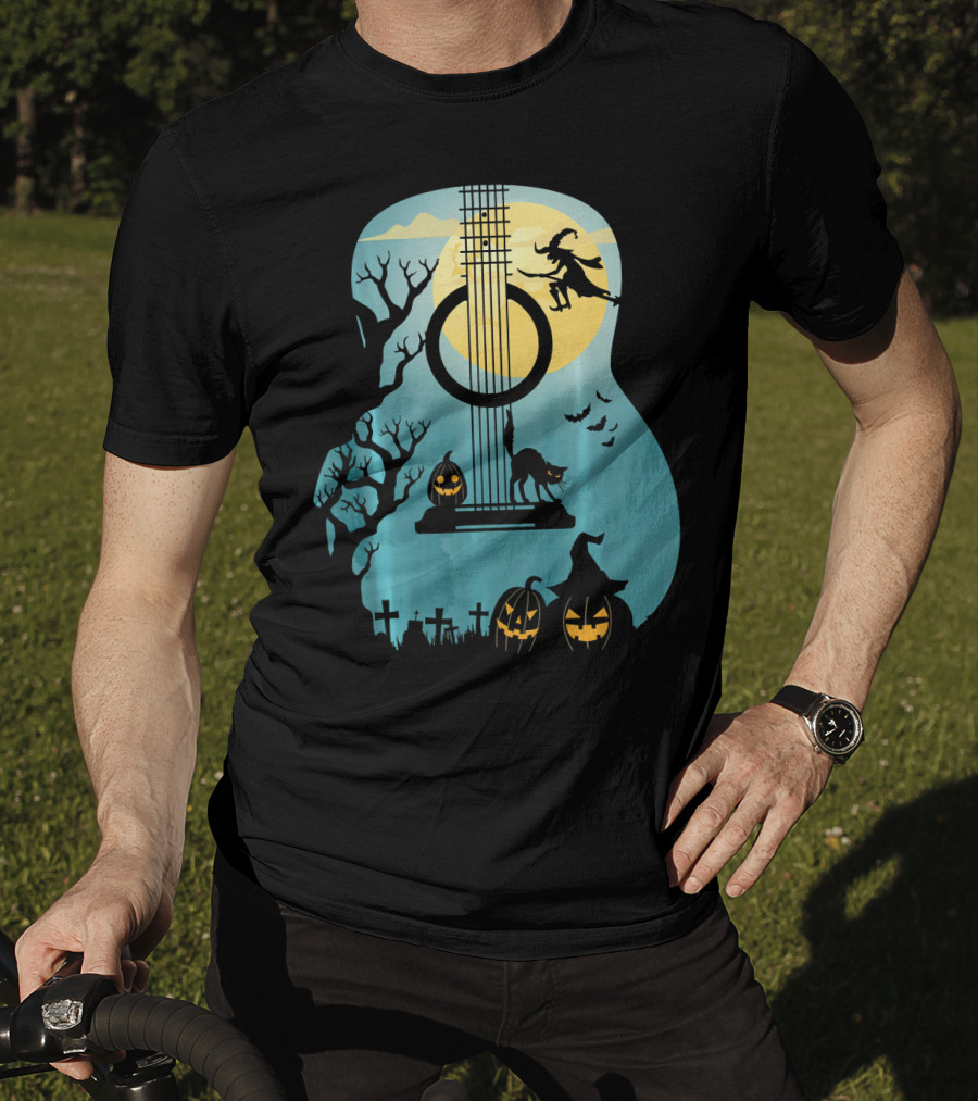 Halloween Guitar Witch Cat Pumpkins And Bat Scene T-Shirt