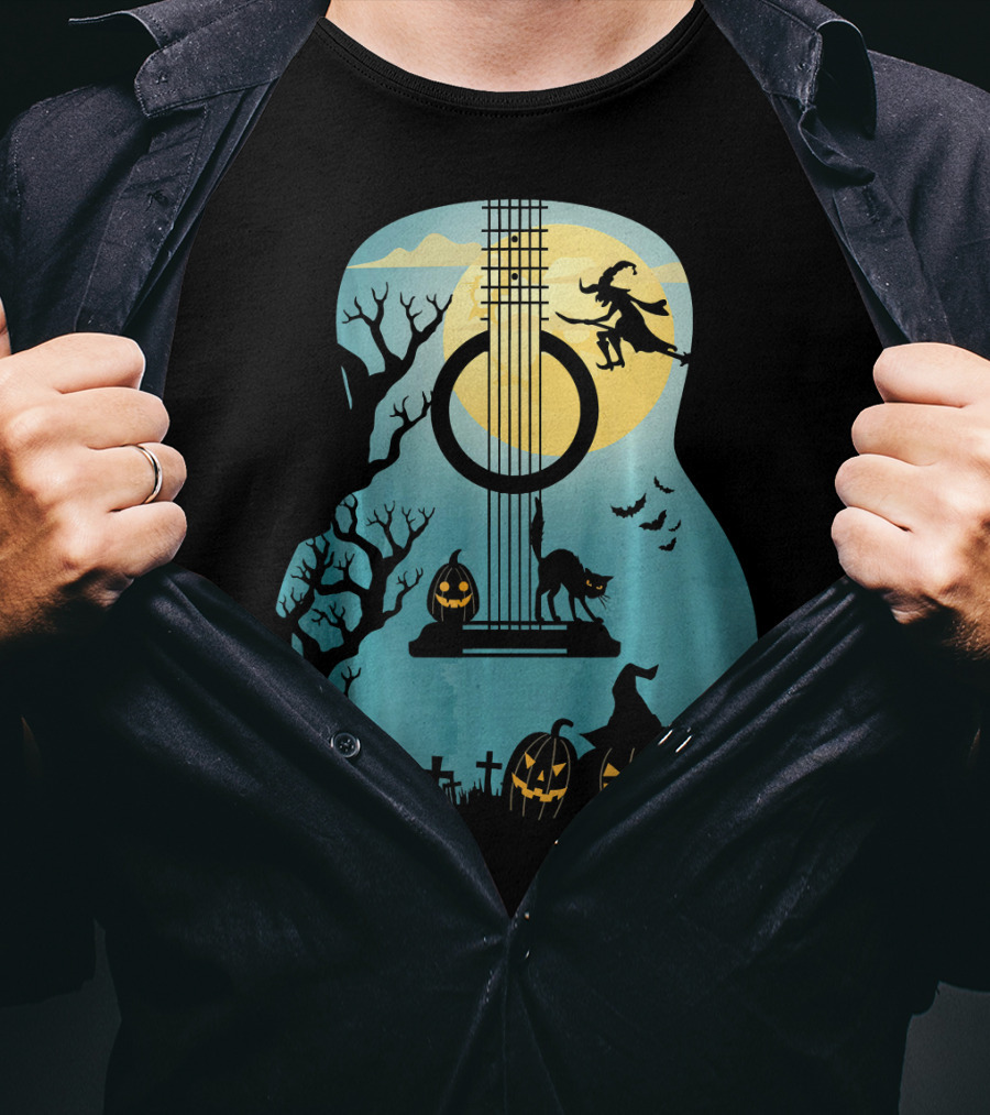 Halloween Guitar Witch Cat Pumpkins And Bat Scene T-Shirt