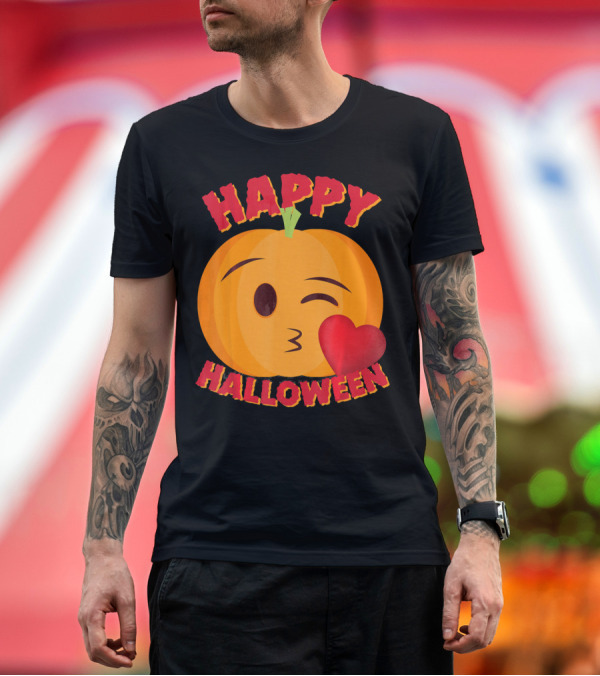 Premium T-Shirt: Happy Halloween Blowing Kiss Emoji Pumpkin T-Shirt Happy Halloween Blowing Kiss Emoji Pumpkin T-Shirt