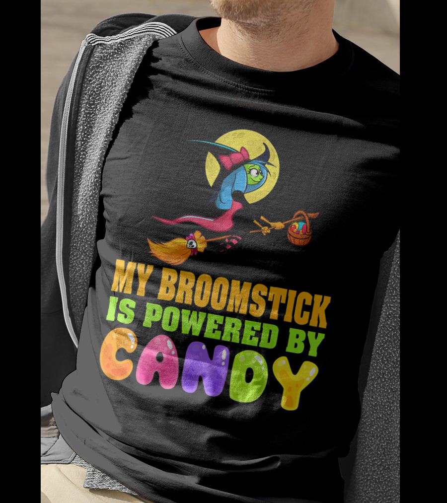 My Broomstick Is Powered By Candy With Witch And Moon Scene T-Shirt
