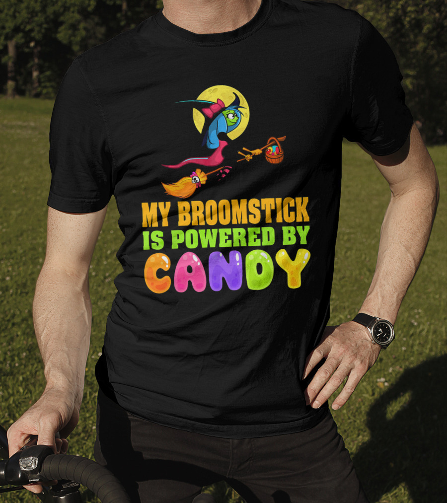 My Broomstick Is Powered By Candy With Witch And Moon Scene T-Shirt