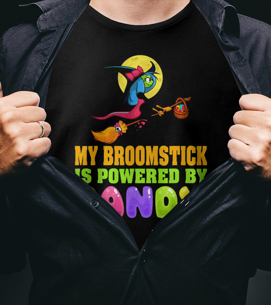 My Broomstick Is Powered By Candy With Witch And Moon Scene T-Shirt