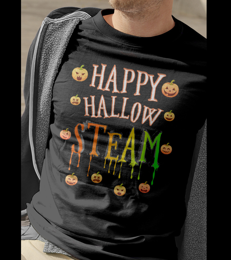 HAPPY HALLOW STEAM Pumpkin Faces Orange Green Dripping Letters T-Shirt