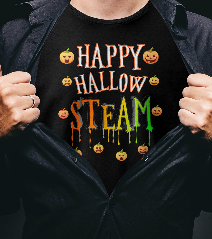 HAPPY HALLOW STEAM Pumpkin Faces Orange Green Dripping Letters T-Shirt