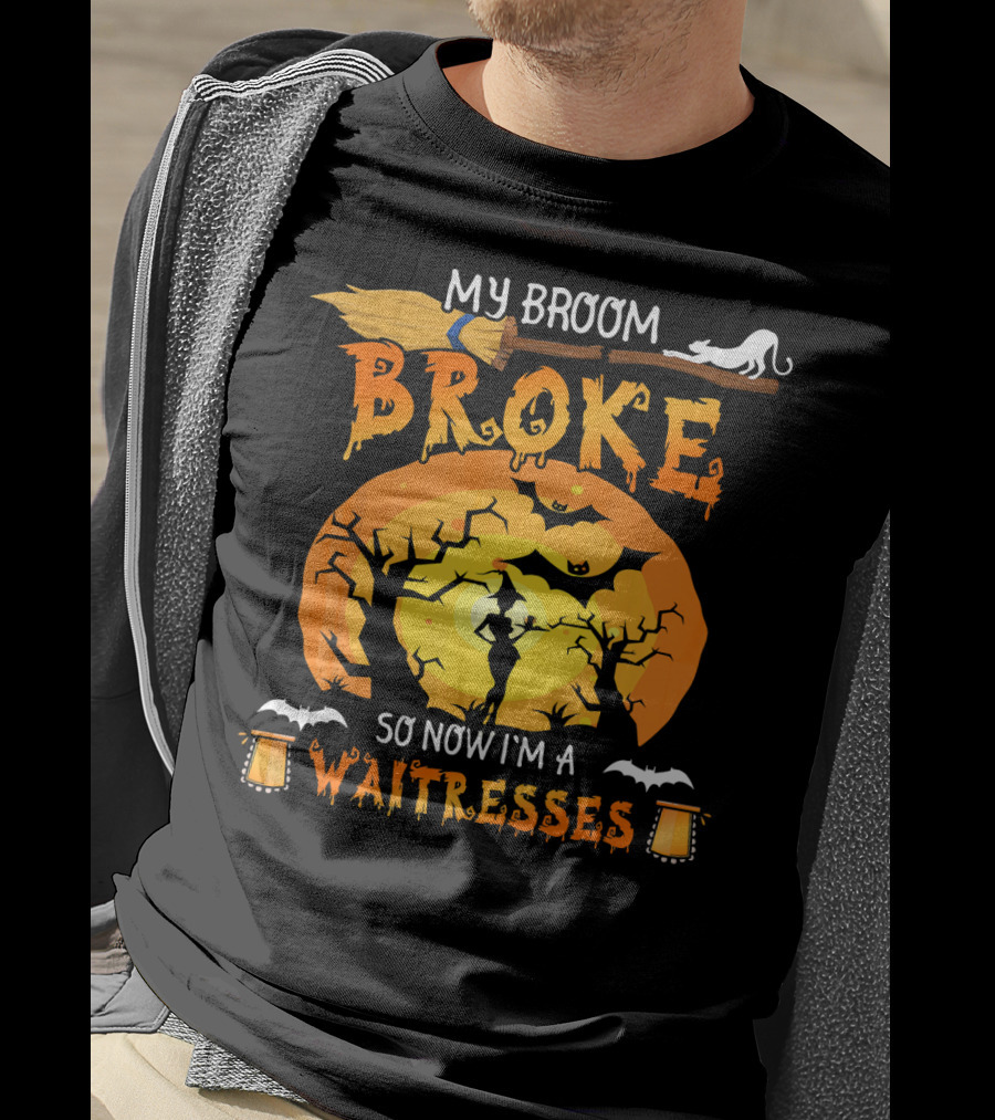 My Broom Broke So Now I'm A Waitresses Halloween Witch Moon Cat Lanterns T-Shirt