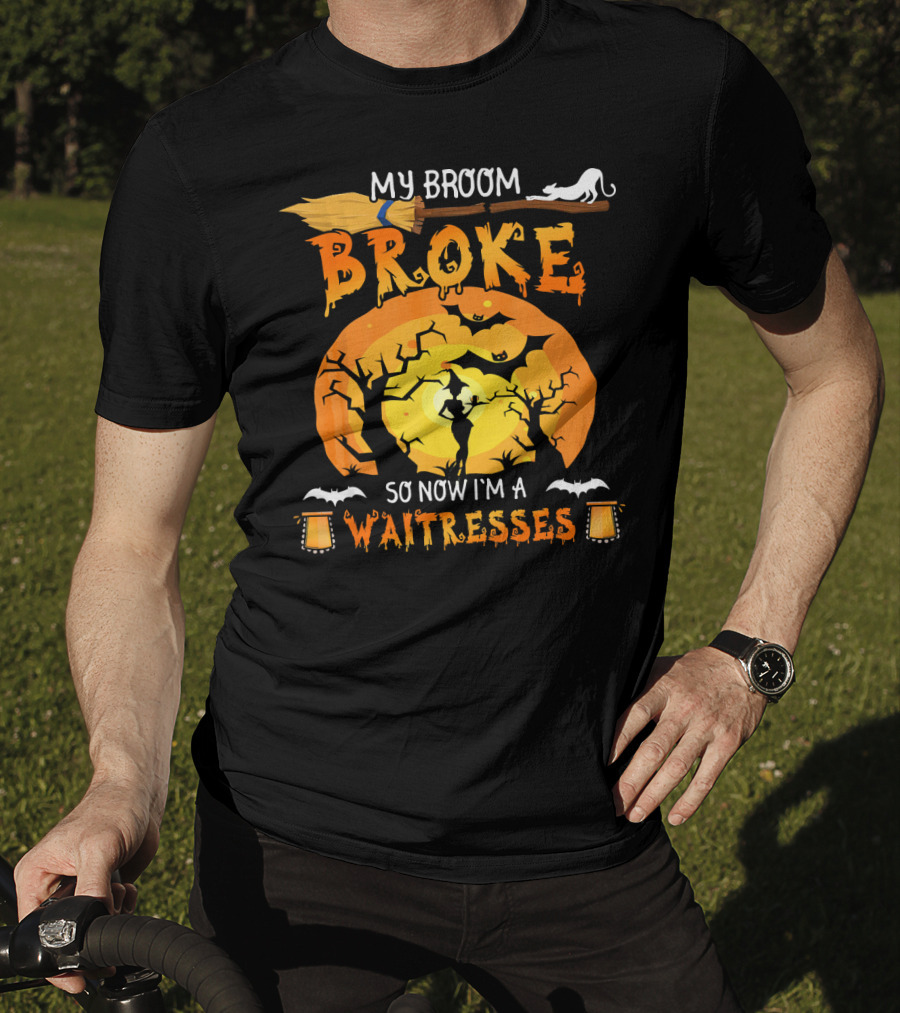 My Broom Broke So Now I'm A Waitresses Halloween Witch Moon Cat Lanterns T-Shirt