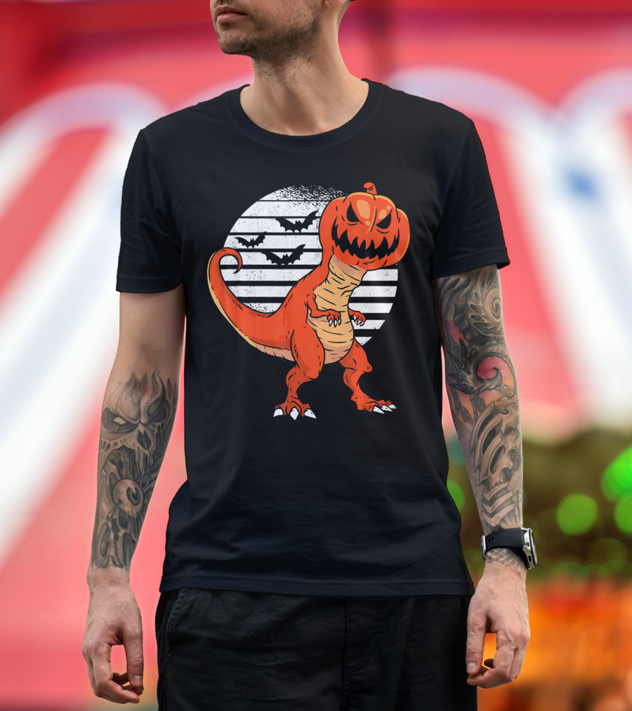 Funny Dinosaur Pumpkin Head Halloween with Bats T-Shirt