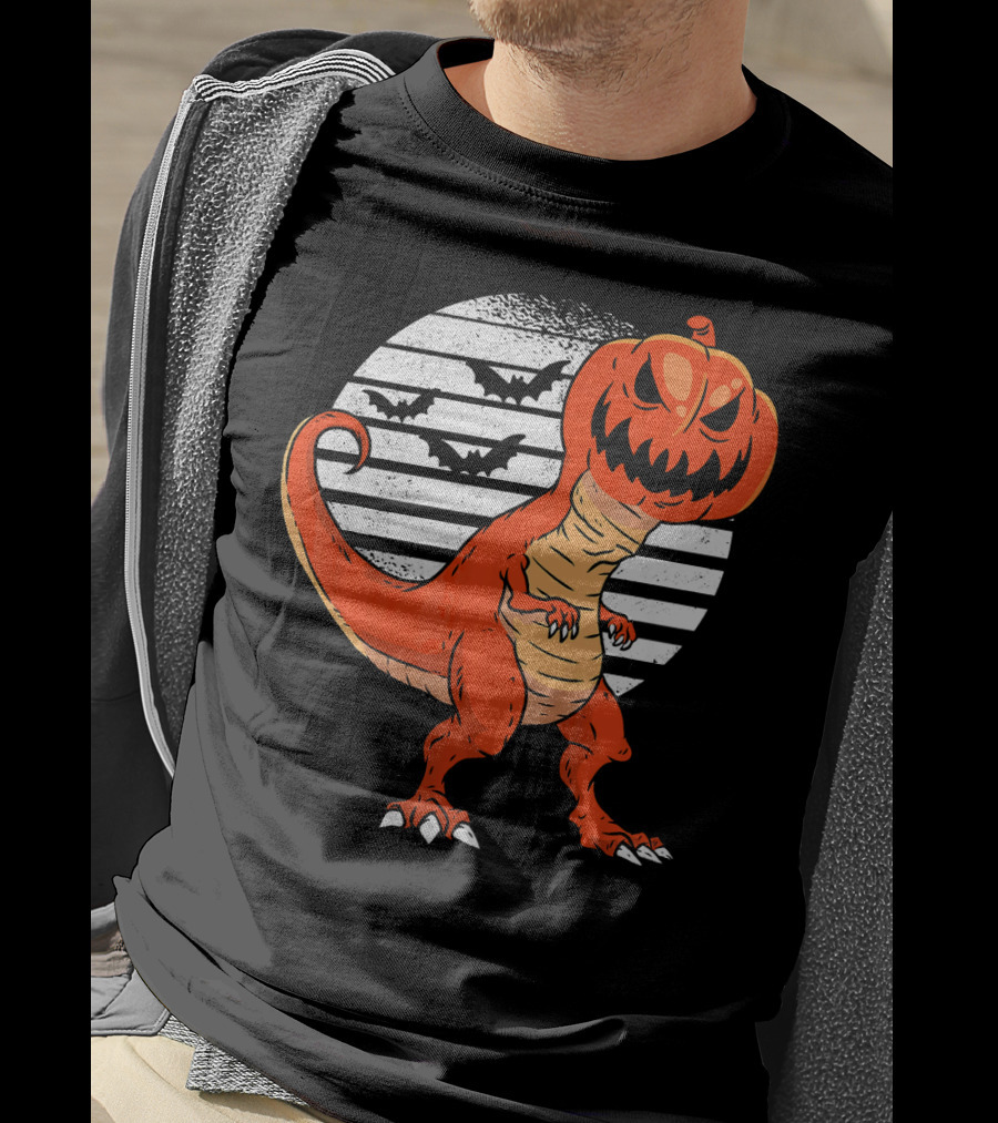 Funny Dinosaur Pumpkin Head Halloween With Bats T-Shirt