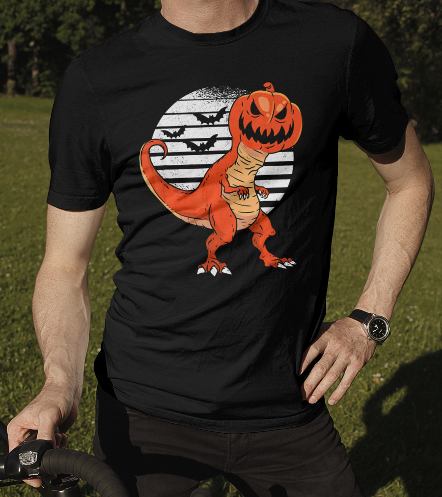Funny Dinosaur Pumpkin Head Halloween With Bats T-Shirt