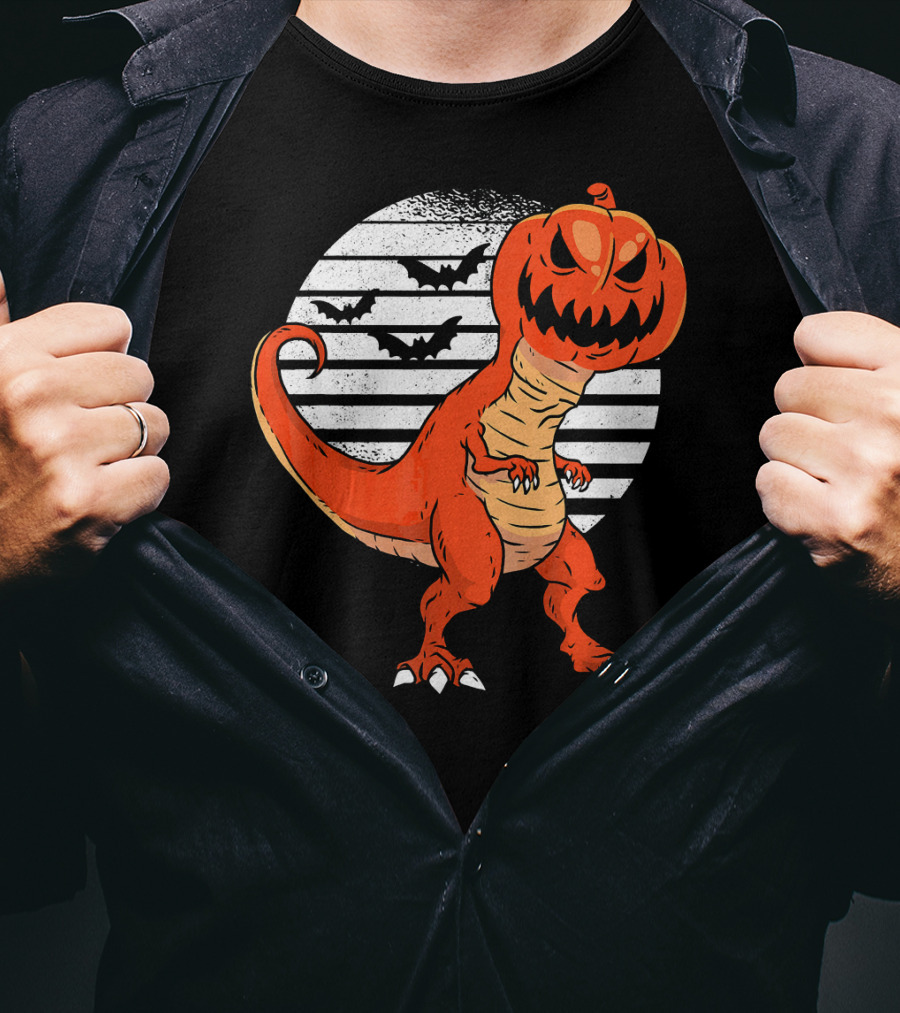 Funny Dinosaur Pumpkin Head Halloween With Bats T-Shirt