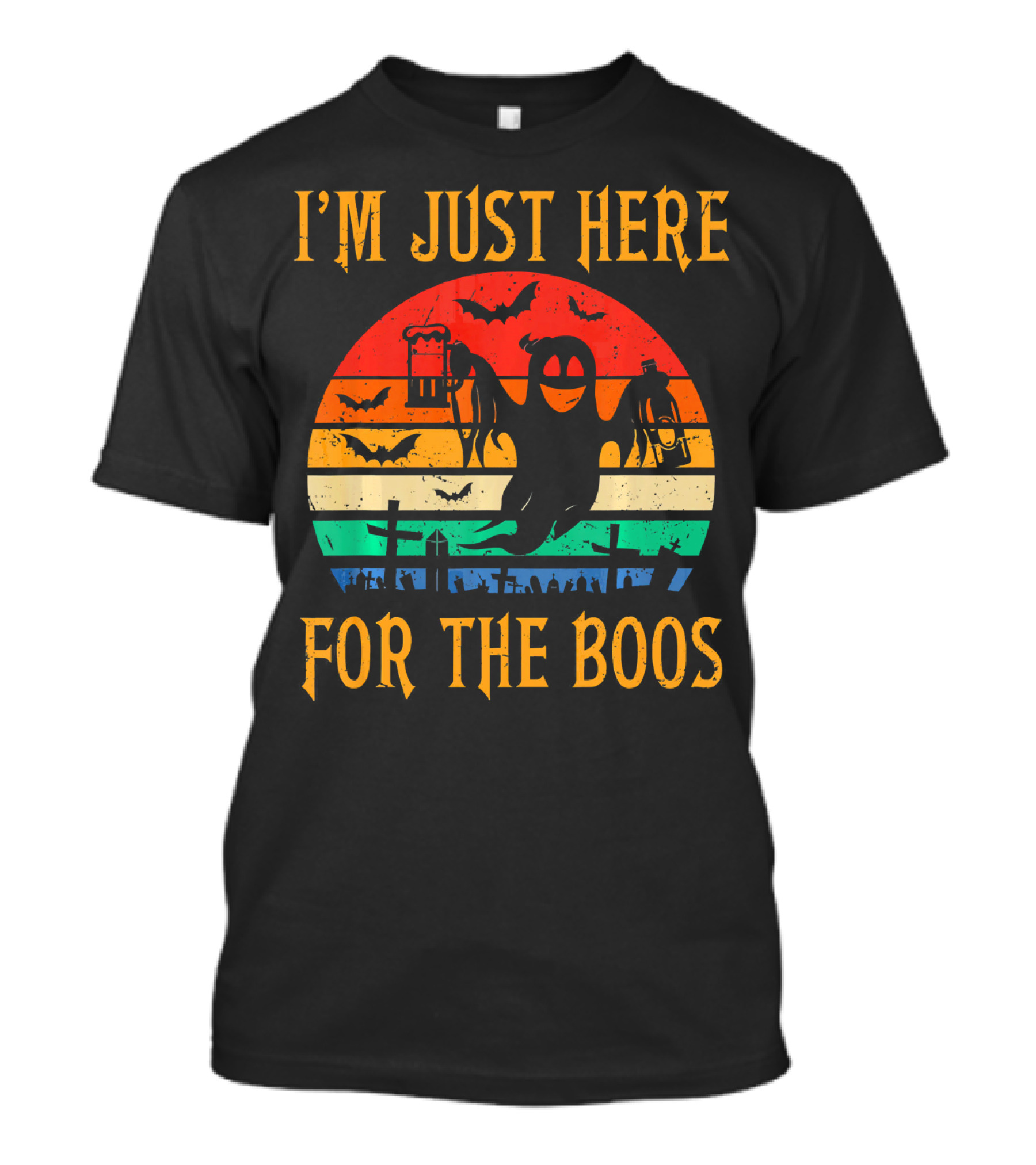 I'm Just Here For The Boos Halloween Ghost And Bats Retro Sunset T-Shirt