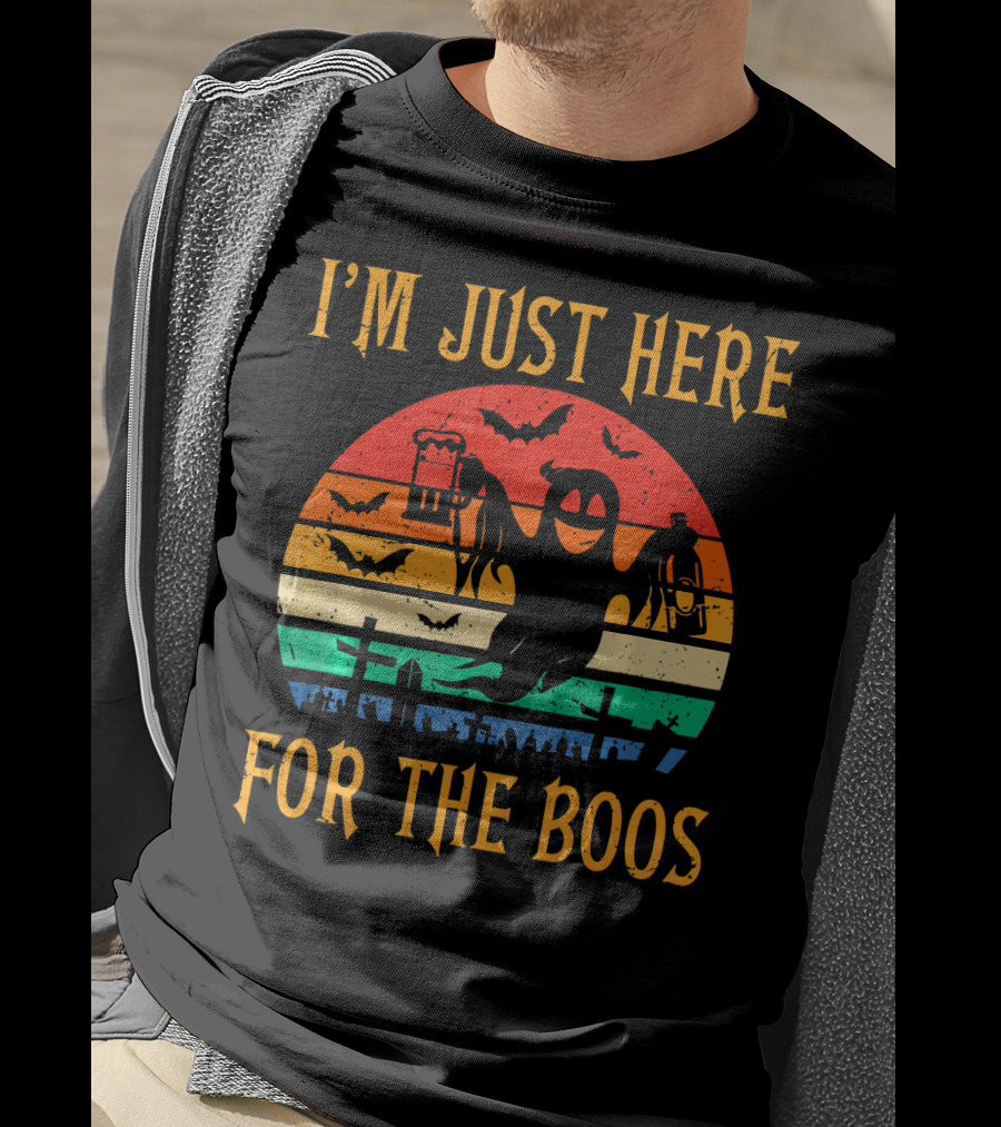 I'm Just Here For The Boos Halloween Ghost And Bats Retro Sunset T-Shirt