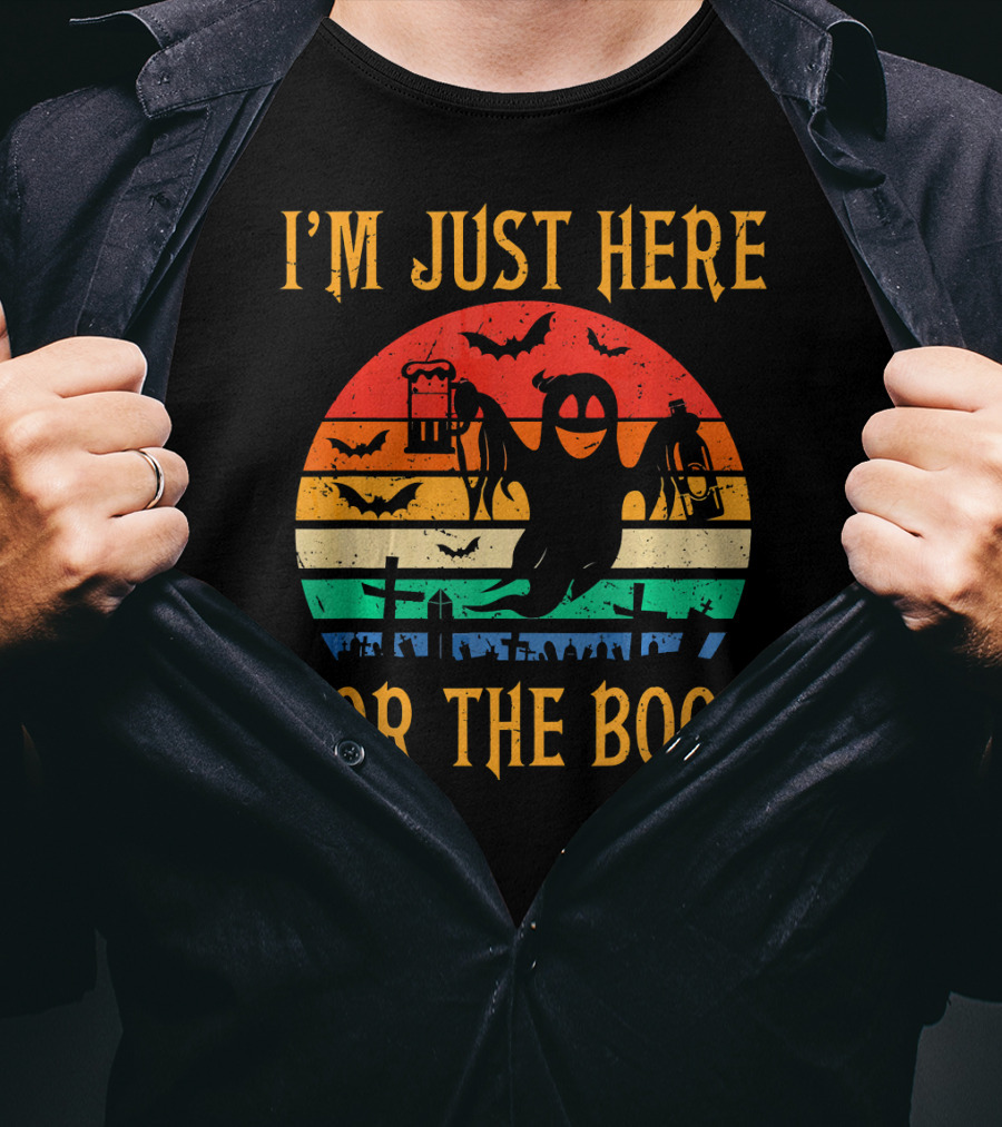 I'm Just Here For The Boos Halloween Ghost And Bats Retro Sunset T-Shirt