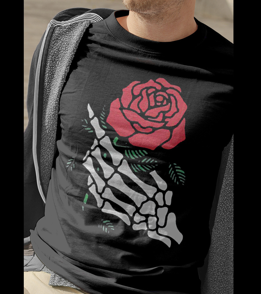Rose White Skeleton Hand Holding Red Rose T-Shirt