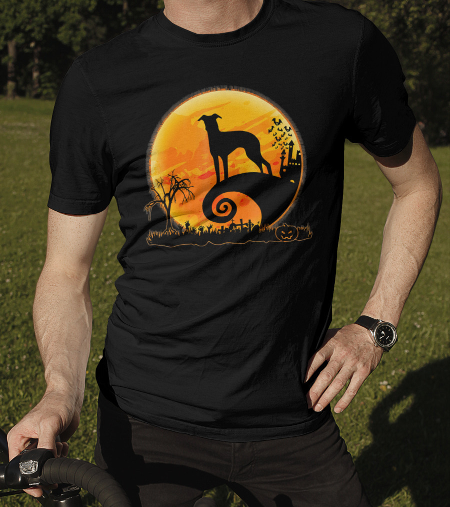 Italian Greyhound Dog Silhouette On Halloween Moon Night T-Shirt