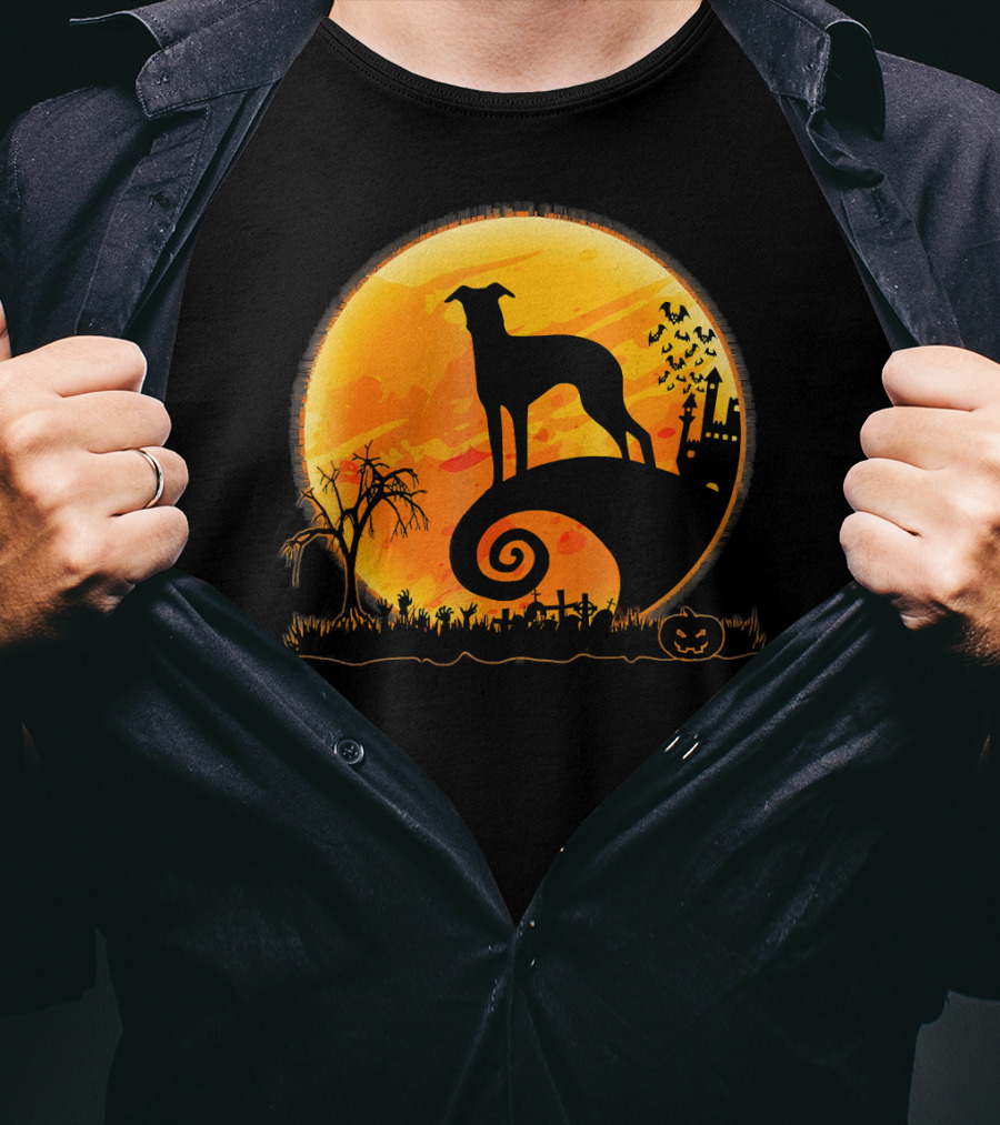 Italian Greyhound Dog Silhouette On Halloween Moon Night T-Shirt