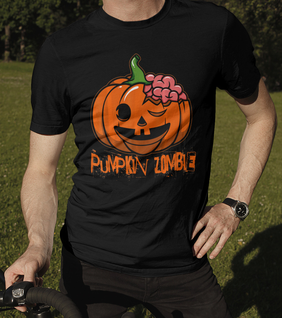 Pumpkin Zombie Halloween Horror Winking Jack O'Lantern With Brain T-Shirt